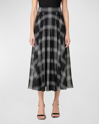 Silk Organza Check Print Pleated Midi Skirt