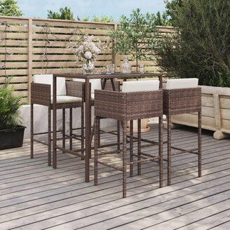 5 Piece Patio Bar Set with Cushions Brown Poly Rattan - 19.7 x 18.9 x 39.4-AA