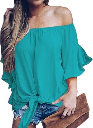LuckyMore Womens Tops Dressy Casual Sexy Bell Sleeve Boho Summer Blouses Shirts Blue Green L