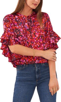 Floral Pintuck Ruffle Sleeve Blouse