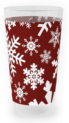 Outdoor Pint Glasses: Christmas White Snowflakes On Red Background Outdoor Pint Glass, Red