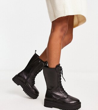 Wide Fit faux leather lace up utility ankle boot in black