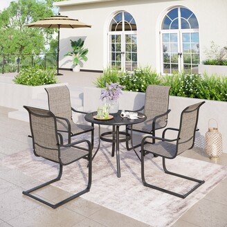 MFSTUDIO 5- Pieces Patio Dining Set, Round Black Metal Table with Umbrella Hole and 4 C Spring Motion Chairs Padded Textilene