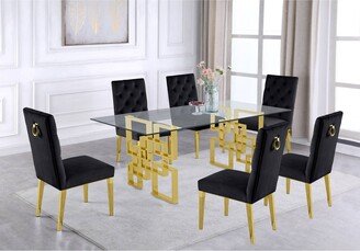 Glass Table Top Dining Set with Tufted Backrest Upholstered Side Chairs with Gold Legs