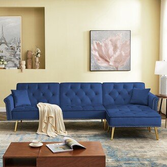 Calnod Velvet Upholstered Reversible Sectional Futon Sofa Bed, L-Shaped Couch with Movable Ottoman & Nailhead Trim for Living Room-AB