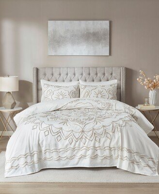 Violette 3 Piece Tufted Cotton Chenille Coverlet Set, Full/Queen - Ivory, Taupe