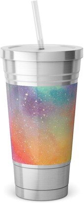 Travel Mugs: Watercolor Rainbow - Multi Stainless Tumbler With Straw, 18Oz, Multicolor