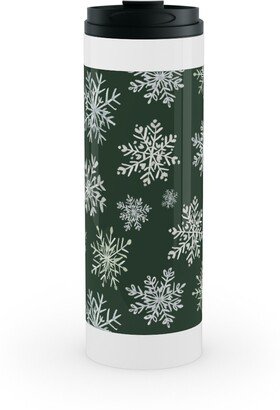 Travel Mugs: Lace Snowflakes On Hunter Green Stainless Mug, White, 16Oz, Green