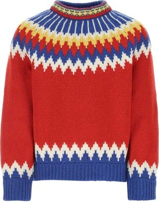 Zig-Zag Pattern Embroidered Knit Sweater