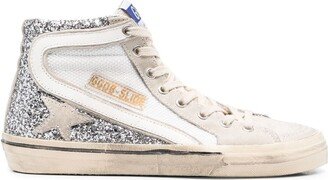 Glitter-Detail Leather High-Top Sneakers