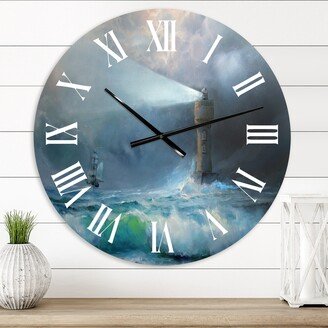 Designart 'Lighthouse Shining Light During Stormy Night II' Nautical & Coastal wall clock