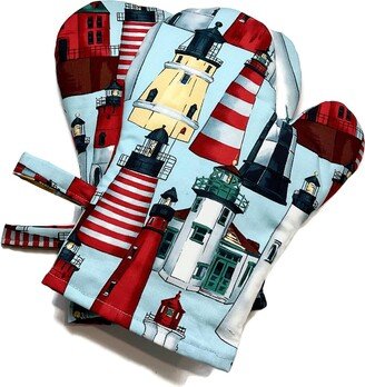 Oven Mitts Set Of 2 Lighthouses Blue Alexander Henry