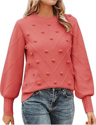 SMIDOW amaon Prime Womens 2023 Fall Trendy Sweaters Fashion Hairball Round-Neck Sweater Lantern Sleeves Knitted Pullovers Tops Womens Sweater Jacket Watermelon Red L