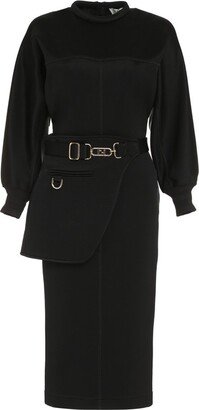 Belted Long-Sleeved Midi Dress-AA