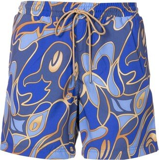 Abstract-Print Drawstring Swim Trunks