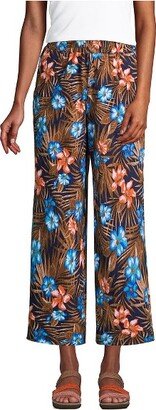 Land' End Women' Petite High Rie Pull On Elatic Wait Wide Leg Crinkle Knit Crop Pant - X-Large - Deep Sea Navy Tropic Palm