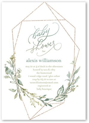 Baby Shower Invitations: Geometric Floral Frame Baby Shower Invitation, Green, 5X7, Luxe Double-Thick Cardstock, Square