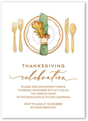 Thanksgiving Invitations: Thanksgiving Setting Fall Invitation, White, 5X7, Luxe Double-Thick Cardstock, Square