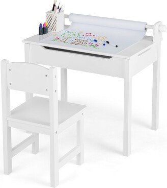 Toddler Craft Table & Chair Set Kids Art Crafts Table withPaper Roll Holder White