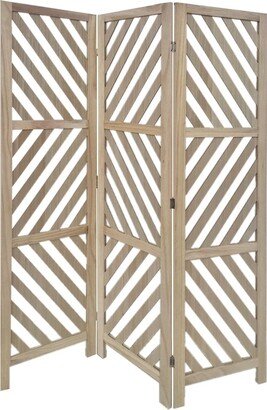 3 Panel Wooden Frame Screen with Diagonal Cut Slats, Natural Brown