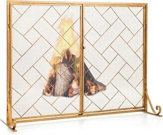 3-Panel Folding Wrought Iron Fireplace Screen with Doors and 4 Pieces Tools Set - 44.5