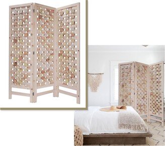 3 Panel Pink Room Divider with Cut Square Wood Design - 59