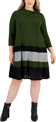 Plus Size Colorblocked Ribbed Sweater Dress - Olive/grey