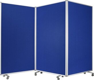 Accordion Style Fabric Upholstered 3 Panel Room Divider, Blue and Gray