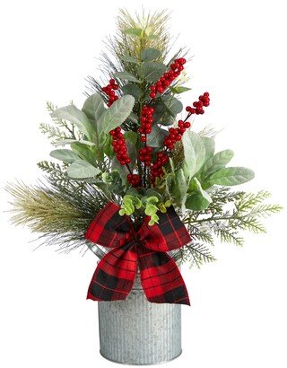 Holiday Winter Greenery, Pinecone and Berries with Buffalo Plaid Bow Artificial Christmas Table Arrangement, 20