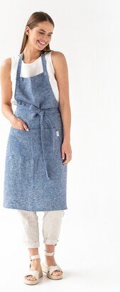 Linen Apron With Pockets in Blue Denim Texture. For Women. Full Cooking, Gardening