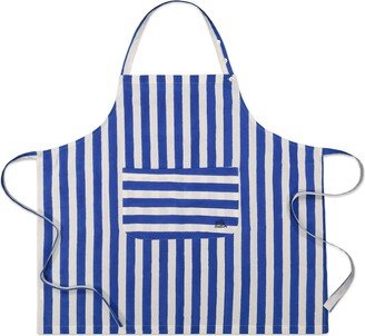 Kate Austin Designs Organic Cotton Adjustable Neck Strap Apron With Front Pocket And Waist Tie Closures In Blue And White Cabana Stripe Block Print