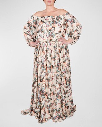 Mayes NYC Plus Size Eddy Off-Shoulder Bird-Print Maxi Dress