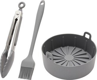 Juvale 4 Piece Set Silicone Pot Basket with Handles, Brush & Tongs for Air Fryer Liner, Kitchen Accessories, Gray, 6.3 in