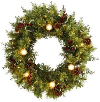 Christmas Artificial Wreath with 50 Warm Lights, 7 Globe Bulbs, Berries and Pine Cones