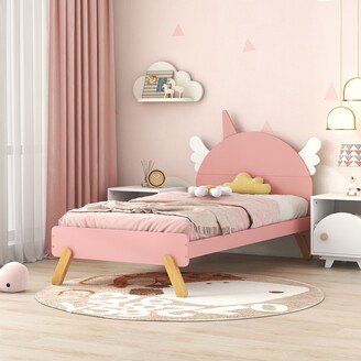 RASOO Pink Unicorn Wooden Platform Bed with Unicorn Shape Headboard, Twin Size