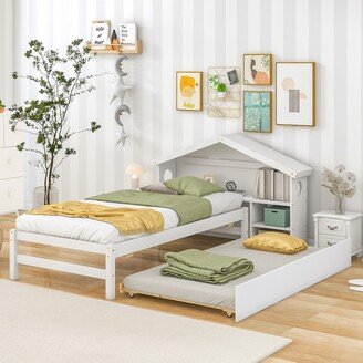 EHEK Twin Storage House Bed for kids with Bedside Table, Trundle for Bedroom Limited Spaces, White