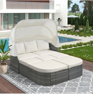 Patio PE Rattan Daybed Sunbed with Retractable Canopy Beige