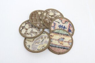 Set Of Six, Kitchen Decor, Glass Pad, Beige Coaster, Rug Vintage Gift Antique Rustic 624