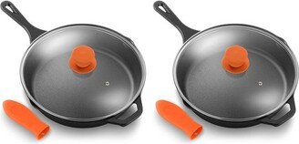 10 Inch Pre Seasoned Nonstick Cast Iron Skillet Frying Pan Kitchen Cookware Set w/ Tempered Glass Lid & Silicone Handle Cover (2 Pack)