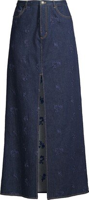 Floral-Embroidered Stretch Denim Maxi Skirt