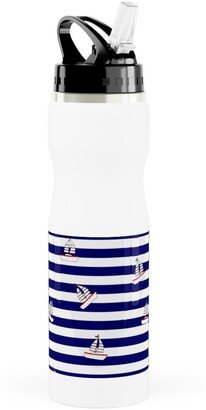 Photo Water Bottles: Sea And Boats Stripes - Blue Stainless Steel Water Bottle With Straw, 25Oz, With Straw, Blue