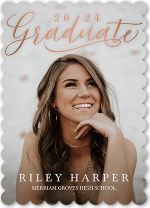 Graduation Announcements: Jubilant Grad Graduation Announcement, Rosegold Foil, 5X7, Pearl Shimmer Cardstock, Scallop