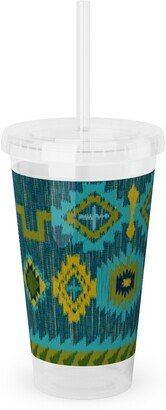 Travel Mugs: Kilim - Ocean Tones Acrylic Tumbler With Straw, 16Oz, Green