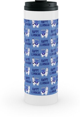 Travel Mugs: Happy Llamakah - Blue Stainless Mug, White, 16Oz, Blue