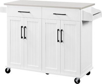 Large Kitchen Cart Kitchen Island on Wheels with Stainless Steel Countertop White