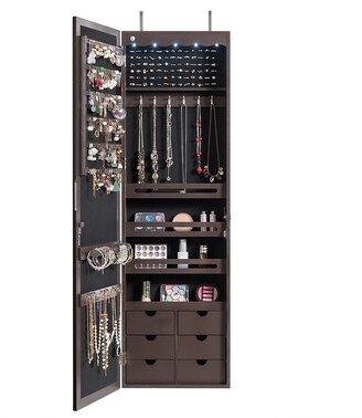 Wall Door Mounted LED Mirror Jewelry Cabinet Lockable Armoire