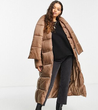 ASOS DESIGN Petite oversized puffer jacket with scarf in dark camel