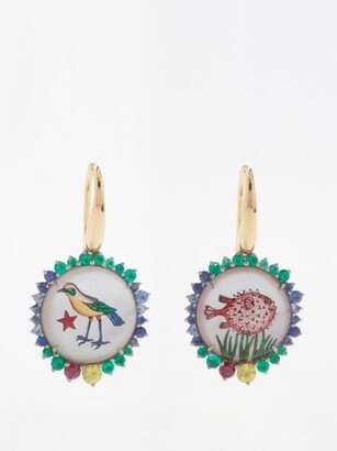 Animal-intaglio Ruby, Emerald & 18kt Gold Earrings