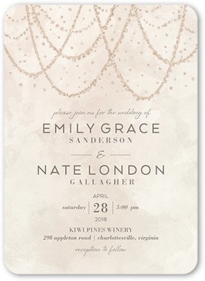 Wedding Invitations: Draping Lights Wedding Invitation, Beige, 5X7, Antique Gold Glitter, Matte, Signature Smooth Cardstock, Rounded