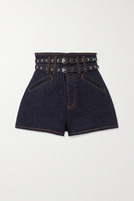 Belted Embroidered Stretch-denim Short - Blue